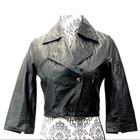 BB DAKOTA- Genuine Leather - Cropped 3/4 sleeve Moto jacket - Picture 2 of 10